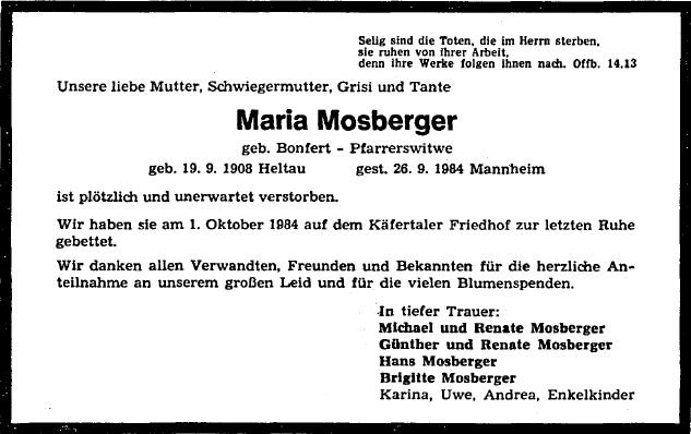 Bonfert Maria 1908-1984 Todesanzeige